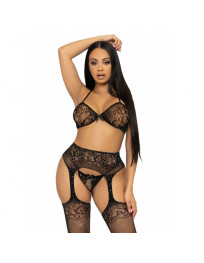 LEG AVENUE - DREITEILIGES SET BH, STRING UND STRUMPF, EINE GRÖSSE - SCHWARZ