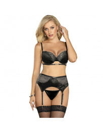 SUBBLIME - 3-TEILIGES SET BH STRING STRUMPFBAND AUS SPITZE SCHWARZ S-M