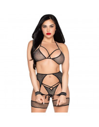 LEG AVENUE - 89362 TOP STRING STRUMPFGÜRTEL HANDSCHELLEN SET SCHWARZ - EINE GRÖSSE
