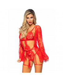 LEG AVENUE - 86123 TEDDY- UND STRUMPFBAND-BADEMANTEL-SET, ROT, GRÖSSE S