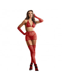 SUBBLIME - 952181 NETZ-BODYSTOCKING MIT HANDSCHUHEN UND DIAMANTEN ROT EINE GRÖSSE