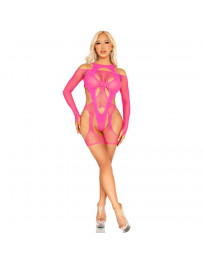 LEG AVENUE - NETZ-BODYSOCKING MIT STRUMPFGÜRTEL UND HARNESS NEON PINK